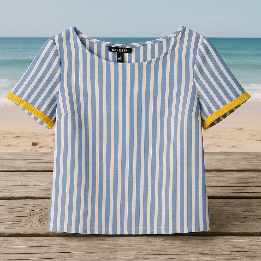 Talbots Petites Blue White Stripe Cotton Top with Yellow Trim – Size SP - Picture 2 of 8